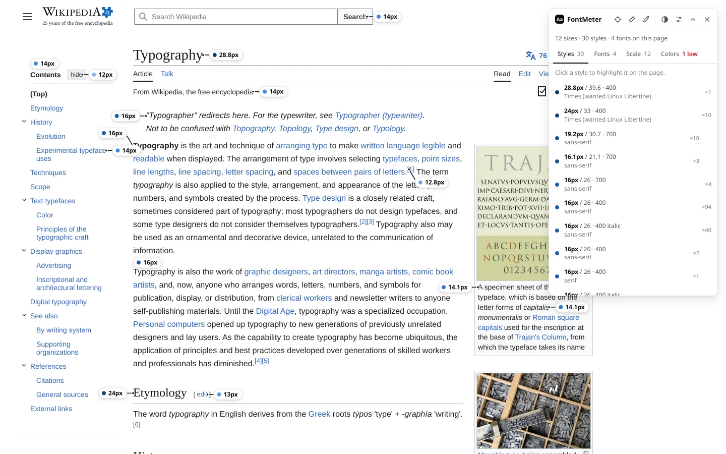 FontMeter on Wikipedia's Typography article: size labels beside each text style and the panel listing 30 styles, with Times rendering in place of Linux Libertine