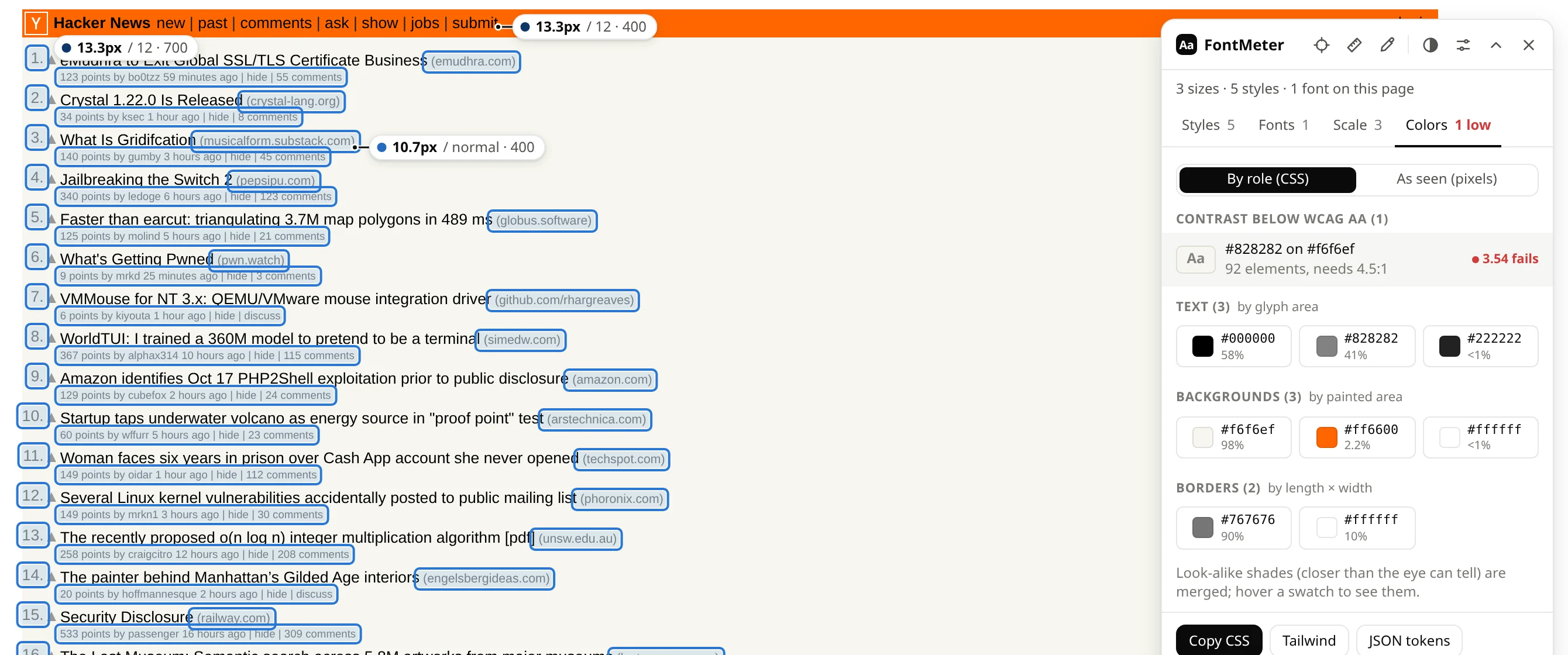 Hacker News with every subtext line outlined in blue and the Colors tab listing #828282 on #f6f6ef at 3.54 to 1