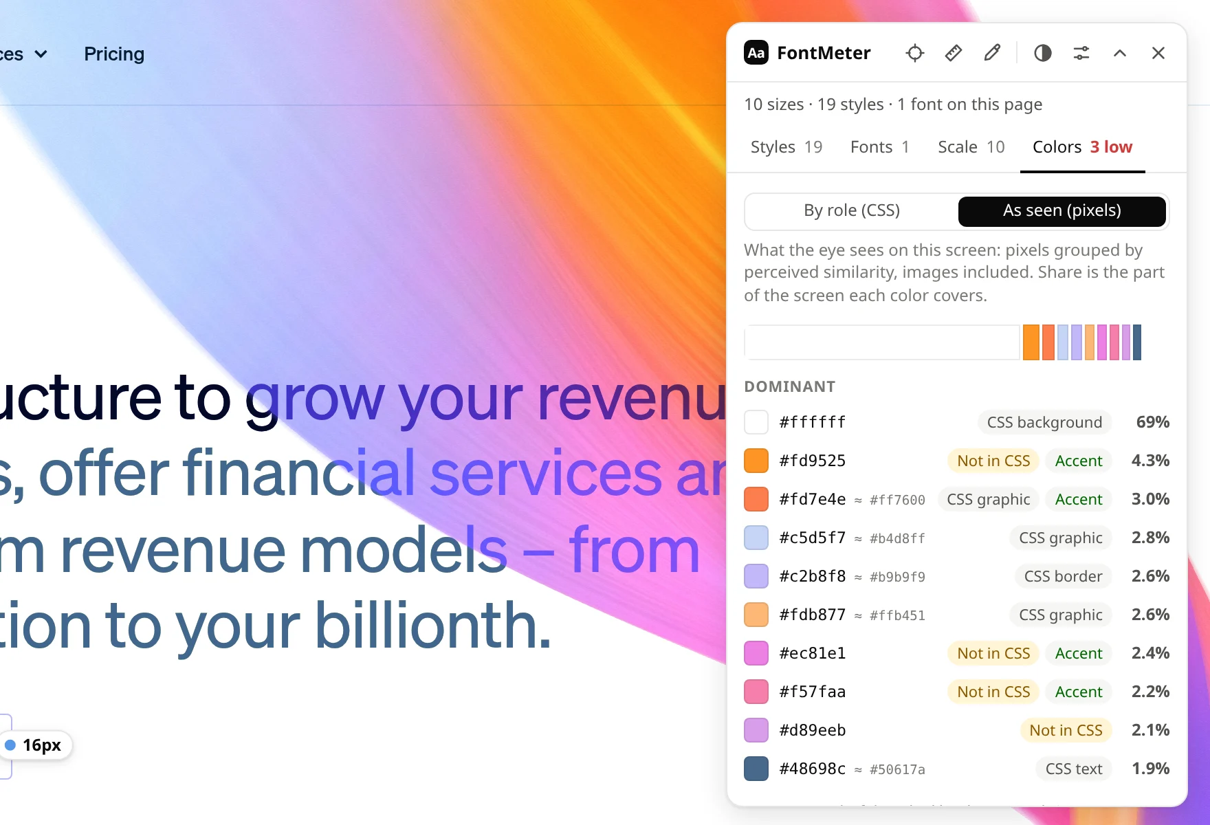 Stripe homepage with the As seen palette: white about two thirds of the screen and gradient colors marked Not in CSS