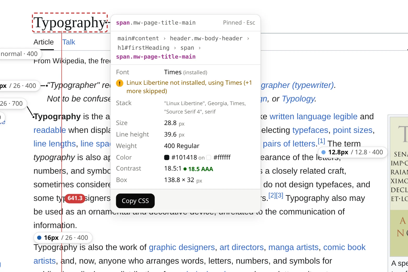 Inspect mode on Wikipedia: the title pinned with a dashed outline, a red distance line, and the details card with a font fallback warning