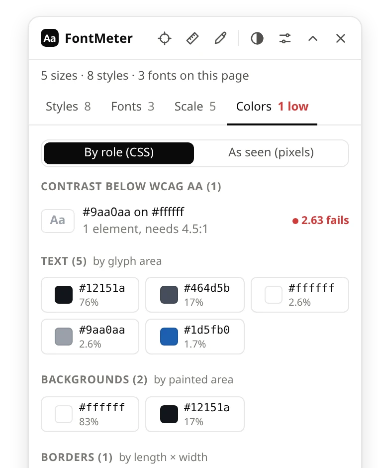 Colors tab: one color pair below WCAG AA at 2.63 to 1, then text and background colors with their share